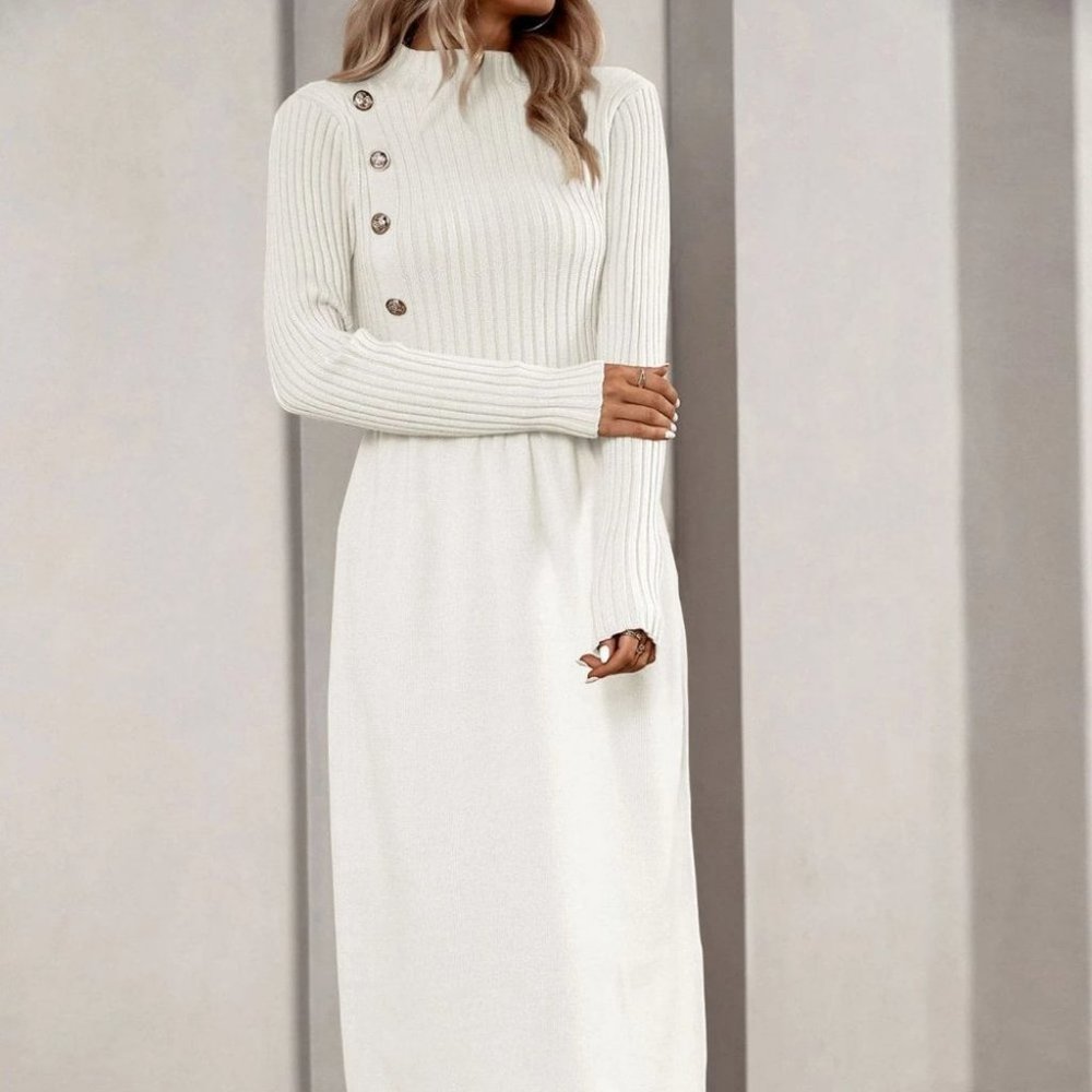 White Elegant Womens Mock Neck Button Detail Sweater Dress - Picture 4 of 5
